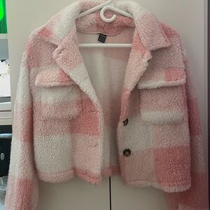 Cozy Pink and White Plaid Women's Jacket